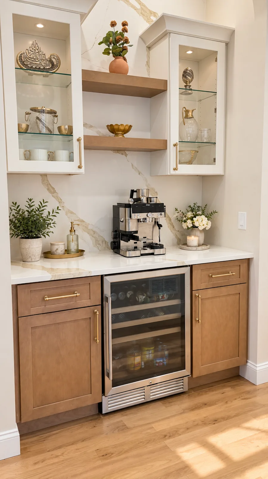 Warm wood base cabinets, white upper cabinets and glass-front beverage refrigerator in a beverage nook