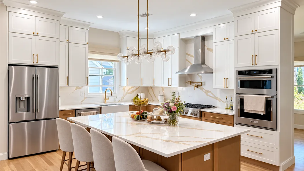 Kitchen island with light countertop, white cabinetry and warm wood details