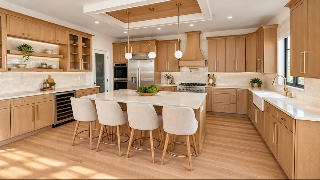 Warm natural wood cabinetry surrounding a spacious kitchen island with upholstered stools